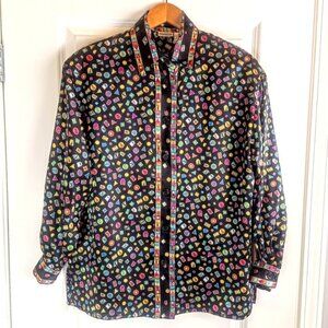 Vintage Marlis Black Multicolor Geometric Print Satin Blouse